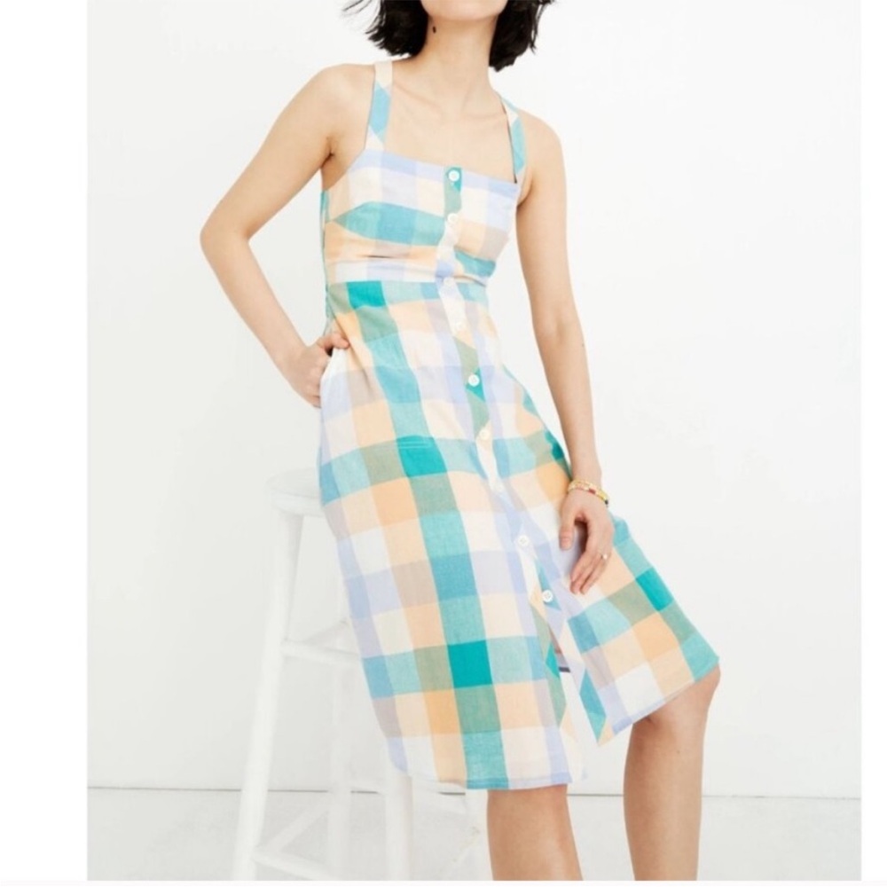 Madewell Pastel Plaid Midi Dress in Teal, Peach & White